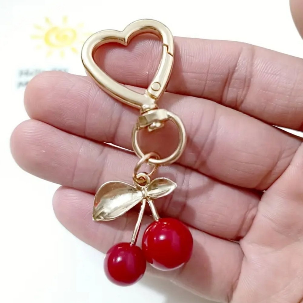 Gold Heart Keychain with Red Cherry Charm‎